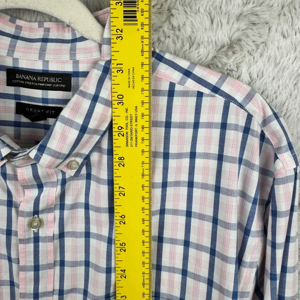 Banana Republic Shirt Grant Fit Men's XL Pink‎ Blue Plaid Cotton Button Down